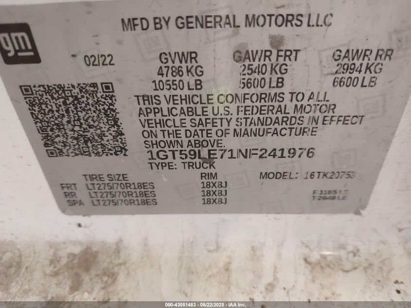 2022 GMC Sierra 2500Hd 4Wd Double Cab Standard Bed Pro VIN: 1GT59LE71NF241976 Lot: 43051483