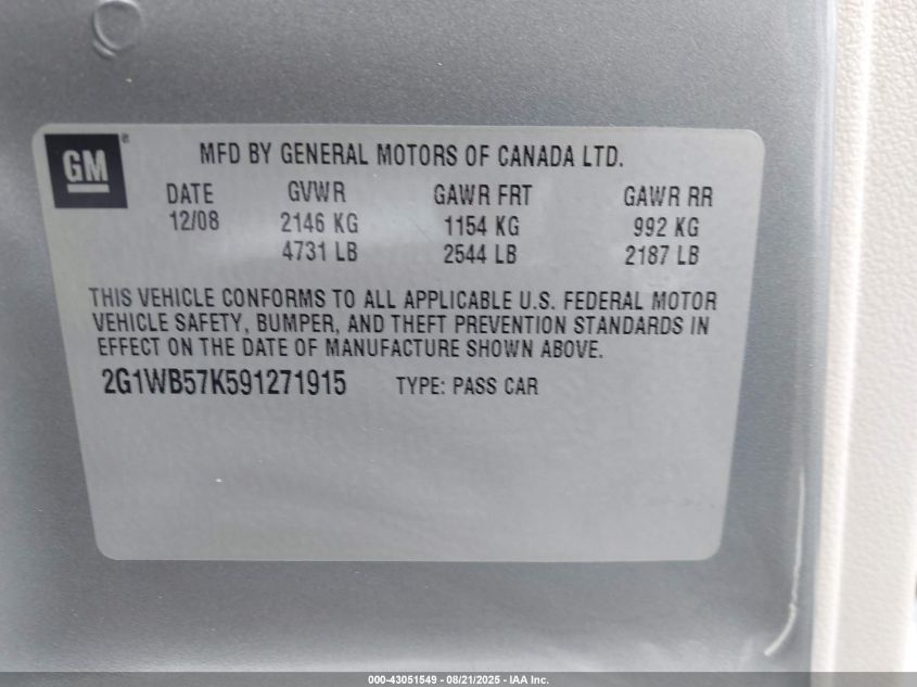 2009 Chevrolet Impala Ls VIN: 2G1WB57K591271915 Lot: 43051549