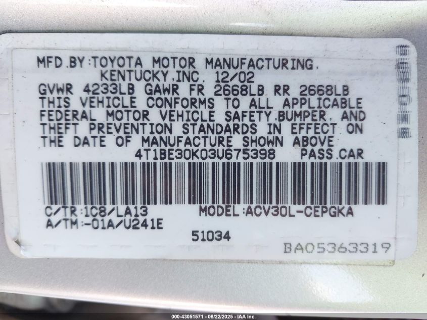 2003 Toyota Camry Xle VIN: 4T1BE30K03U675398 Lot: 43051571