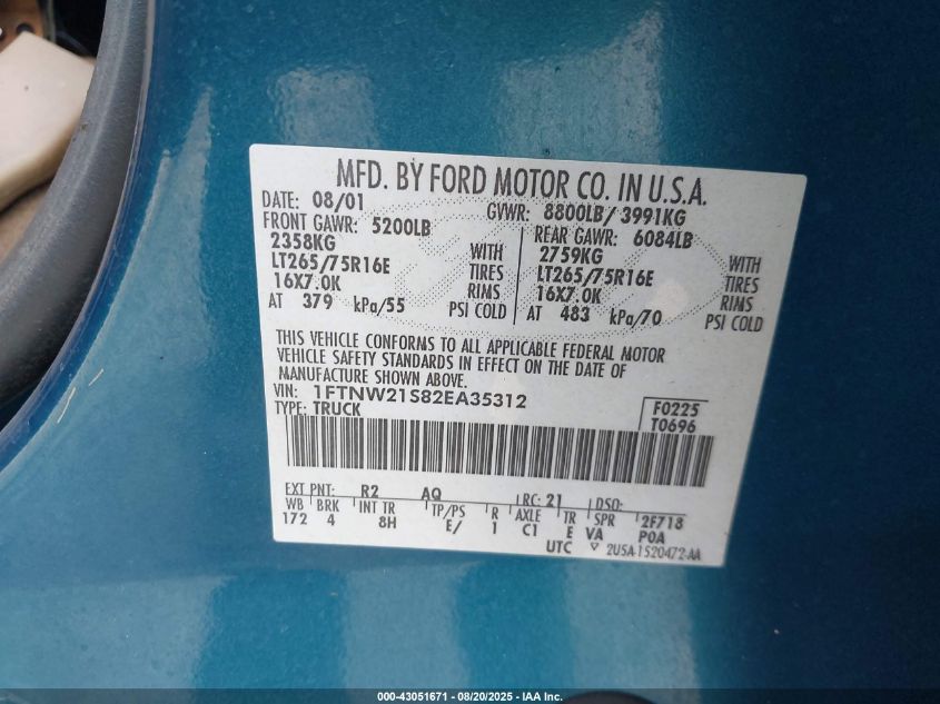 2002 Ford F-250 Lariat/Xl/Xlt VIN: 1FTNW21S82EA35312 Lot: 43051671