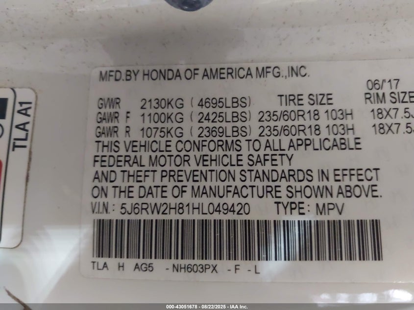 2017 HONDA CR-V EX-L/EX-L NAVI - 5J6RW2H81HL049420