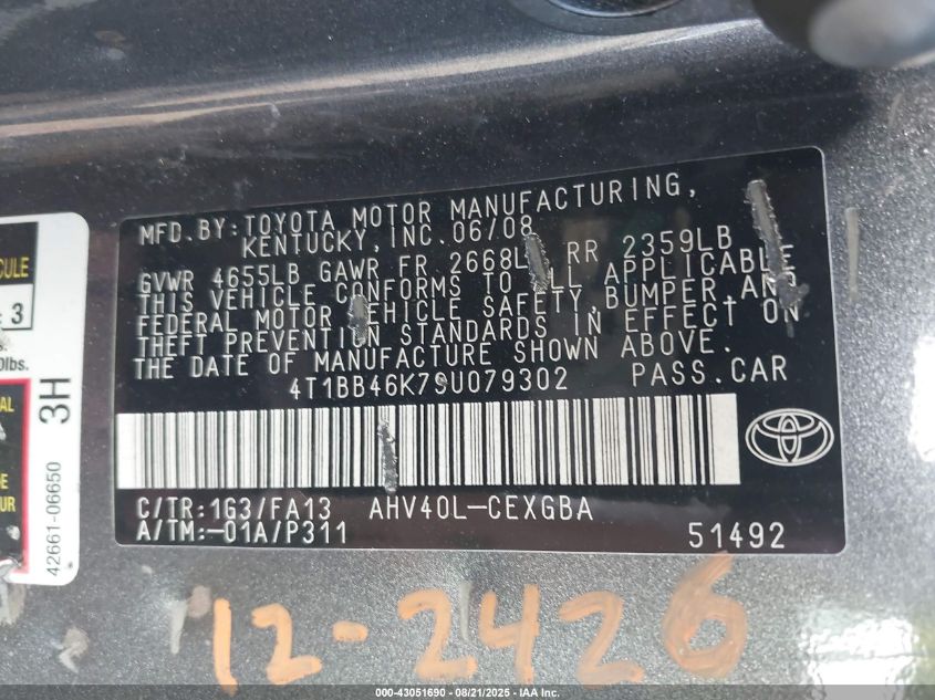 2009 Toyota Camry Hybrid VIN: 4T1BB46K79U079302 Lot: 43051690