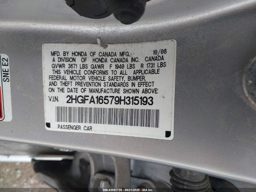 2009 Honda Civic Lx VIN: 2HGFA16579H315193 Lot: 43051739