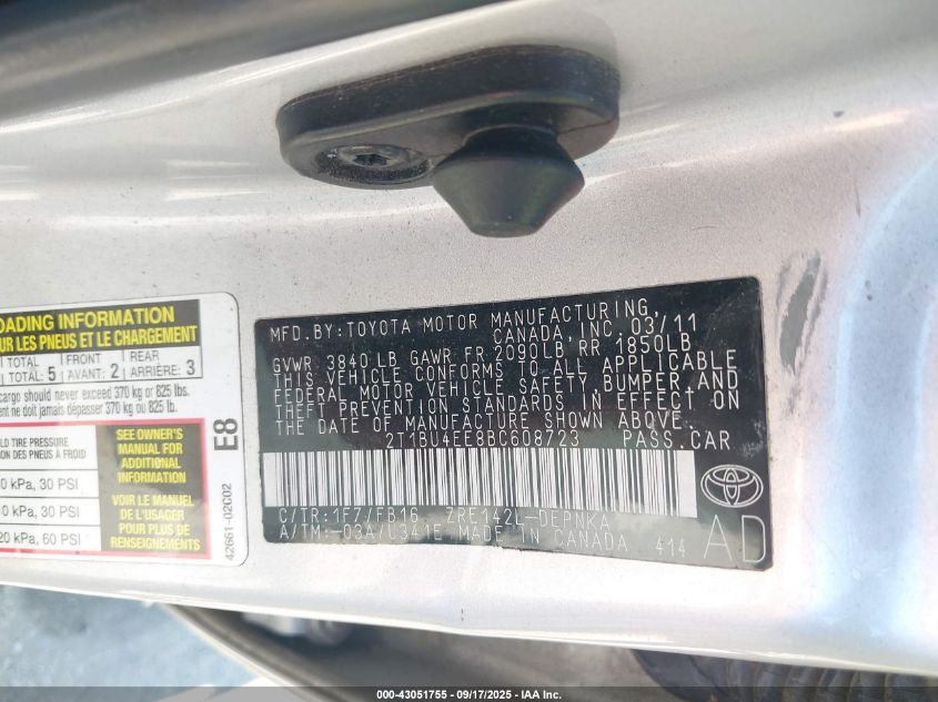 2011 Toyota Corolla Le VIN: 2T1BU4EE8BC608723 Lot: 43051755