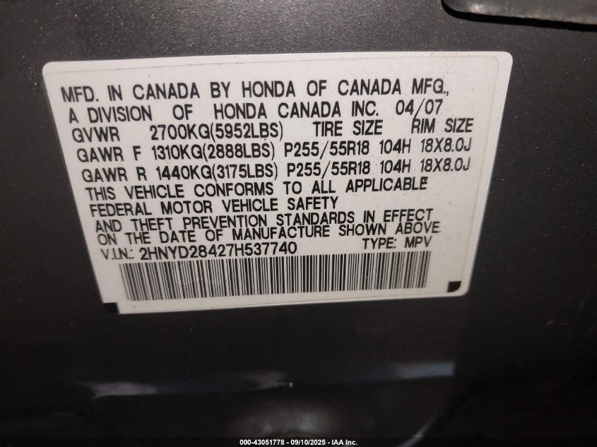 2007 Acura Mdx Technology Package VIN: 2HNYD28427H537740 Lot: 43051778