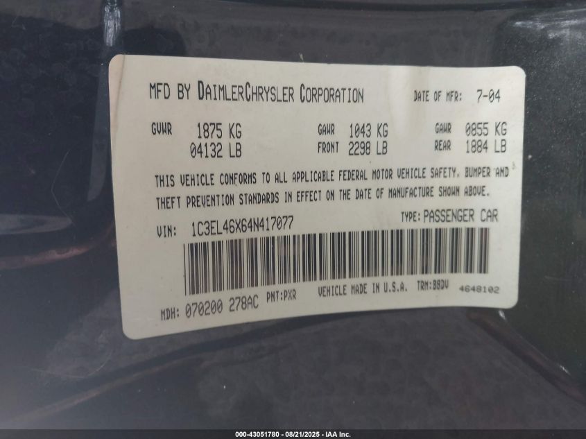 2004 Chrysler Sebring Lx VIN: 1C3EL46X64N471077 Lot: 43051780