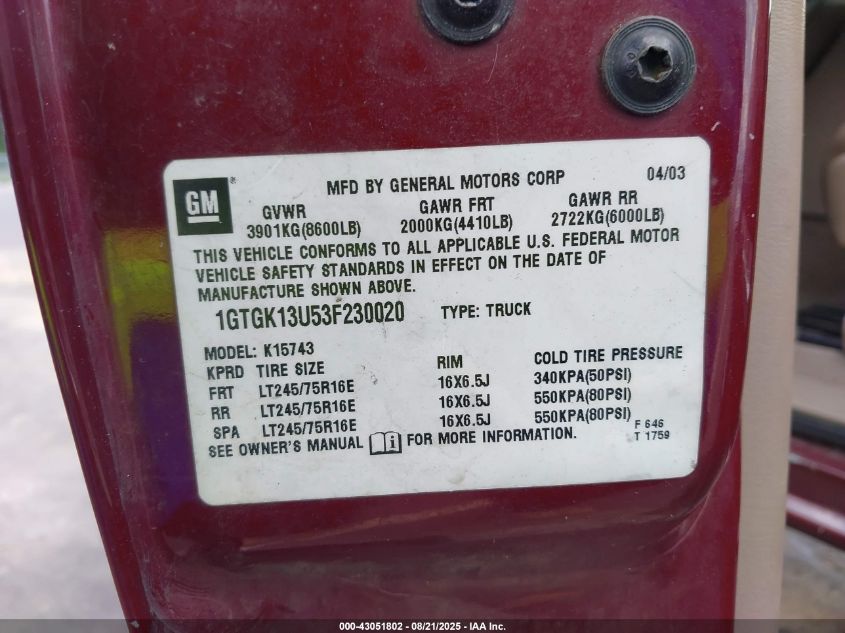 2003 GMC Sierra 1500Hd Slt VIN: 1GTGK13U53F230020 Lot: 43051802
