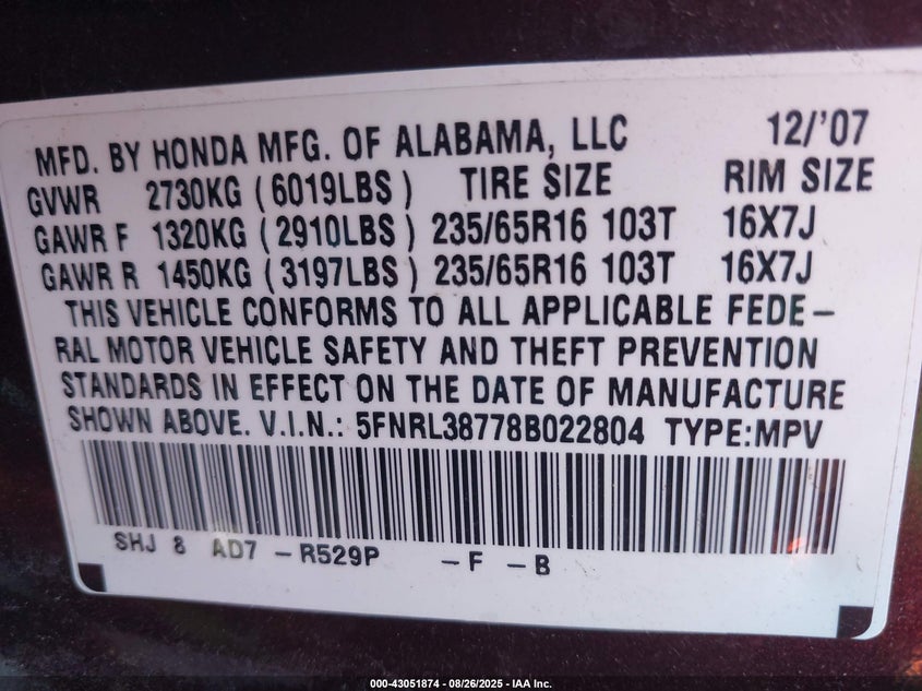 2008 Honda Odyssey Ex-L VIN: 5FNRL38778B022804 Lot: 43051874