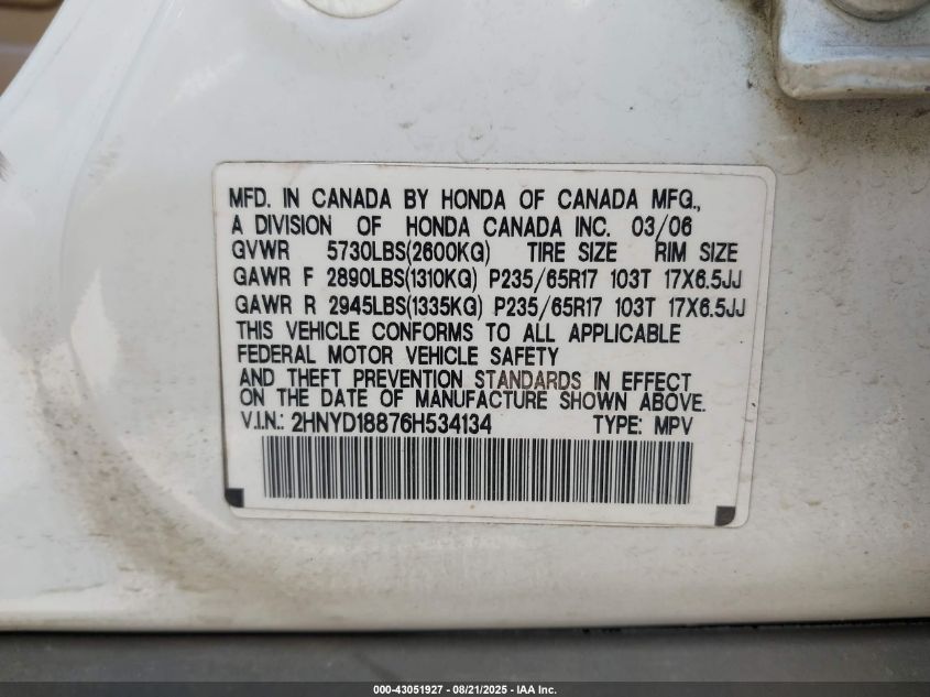 2006 Acura Mdx VIN: 2HNYD18876H534134 Lot: 43051927