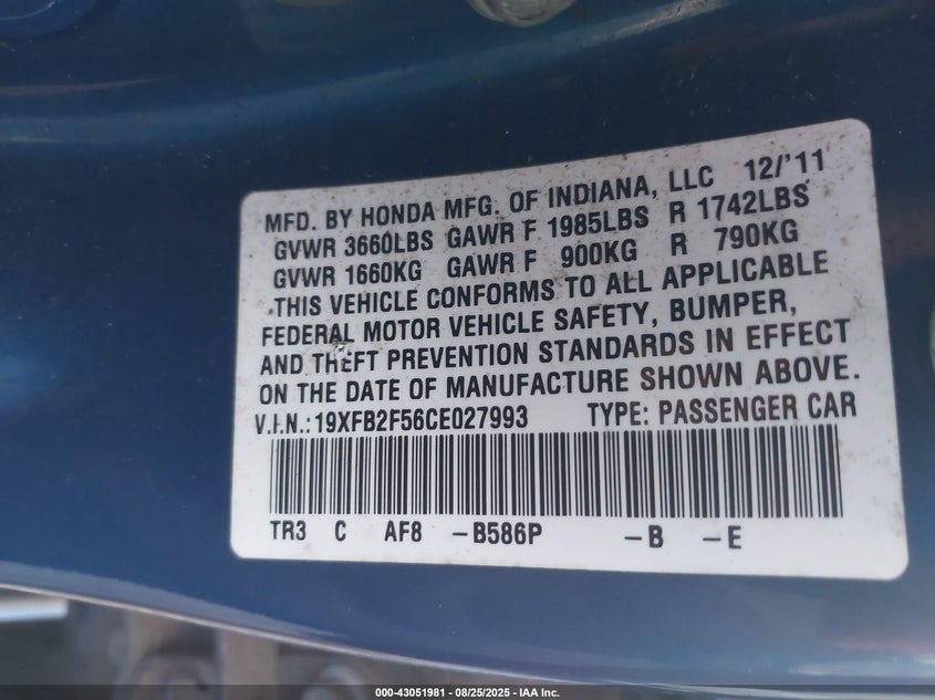 2012 Honda Civic Lx VIN: 19XFB2F56CE027993 Lot: 43051981