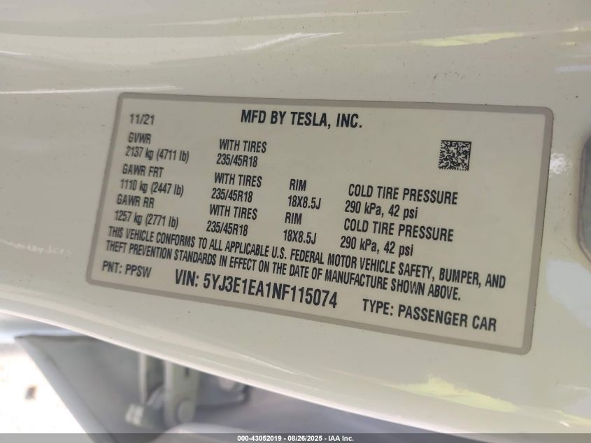 2022 Tesla Model 3 Rear-Wheel Drive VIN: 5YJ3E1EA1NF115074 Lot: 43052019