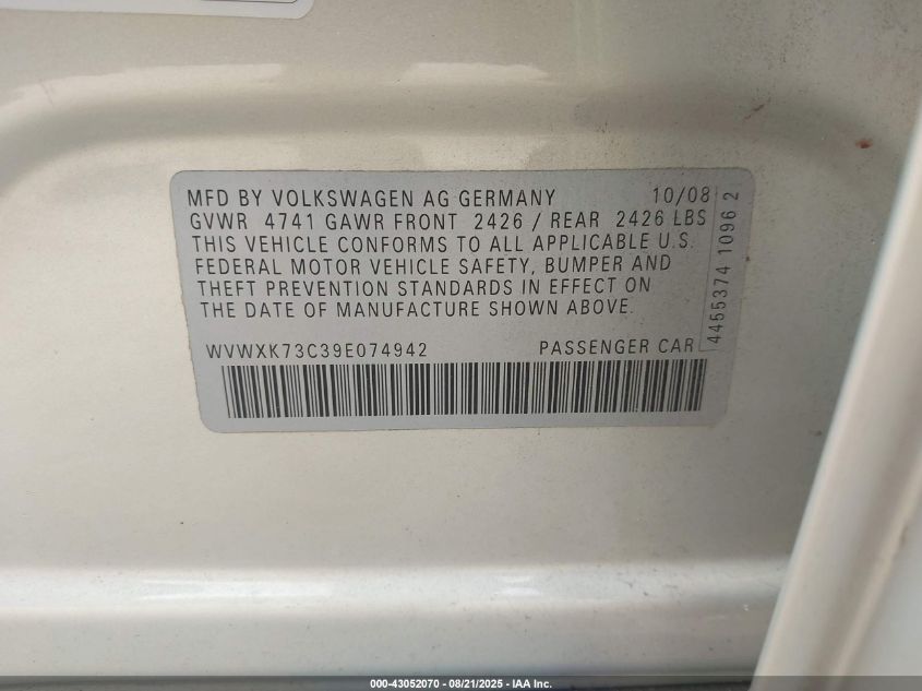 2009 Volkswagen Passat Komfort VIN: WVWXK73C39E074942 Lot: 43113843