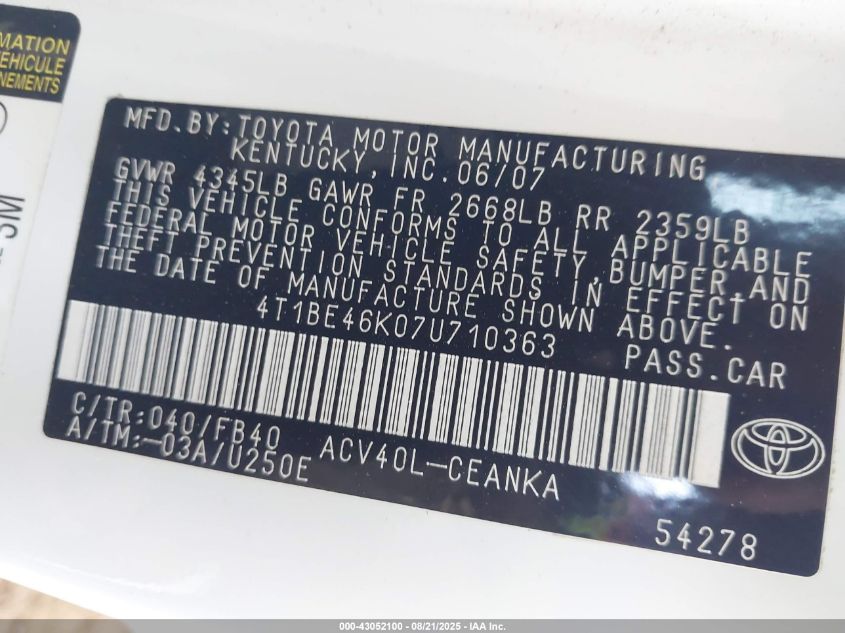 2007 Toyota Camry Le VIN: 4T1BE46K07U710363 Lot: 43052100