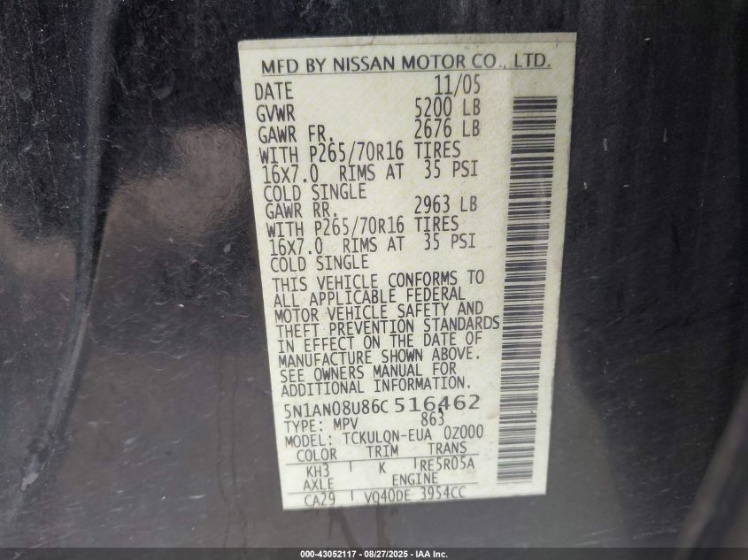 2006 Nissan Xterra X VIN: 5N1AN08U86C516462 Lot: 43052117