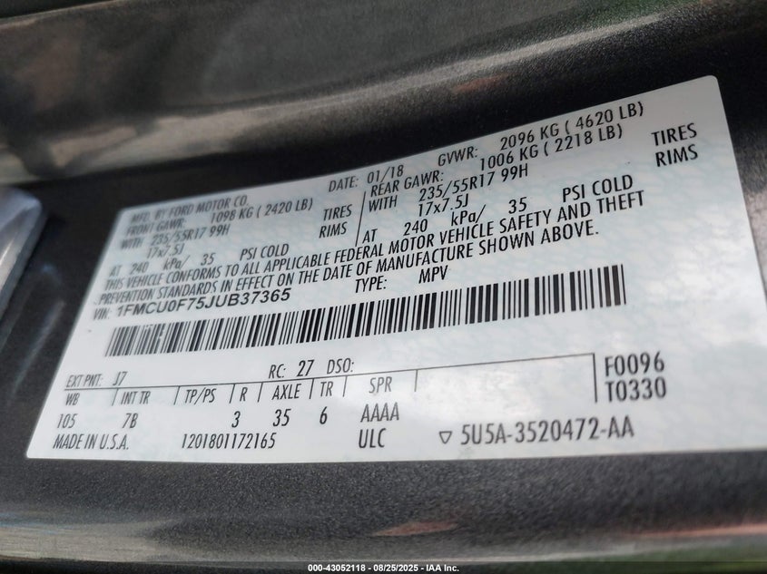 2018 FORD ESCAPE S - 1FMCU0F75JUB37365