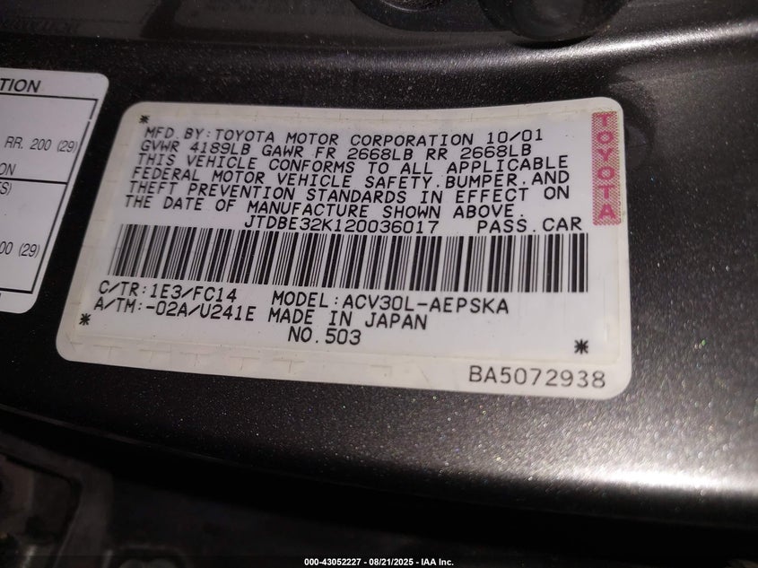 2002 Toyota Camry Se VIN: JTDBE32K120036017 Lot: 43052227