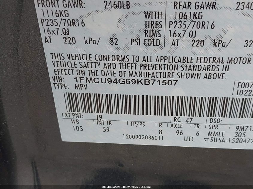 2009 Ford Escape Limited VIN: 1FMCU94G69KB71507 Lot: 43052229