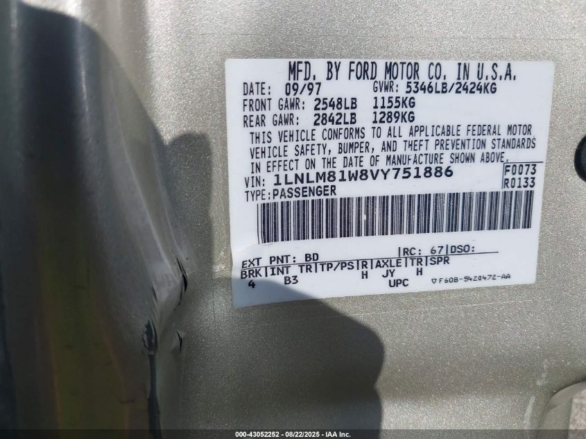 1997 Lincoln Town Car Executive VIN: 1LNLM81W8VY751886 Lot: 43052252