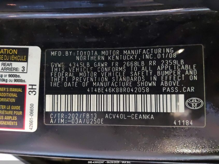 2008 Toyota Camry Le VIN: 4T4BE46K88R042058 Lot: 43052267