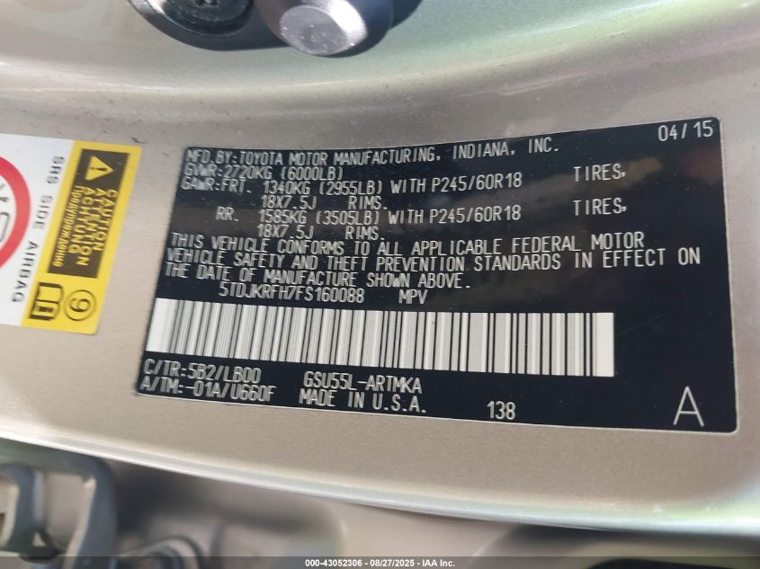 2015 Toyota Highlander Xle V6 VIN: 5TDJKRFH7FS160088 Lot: 43052306