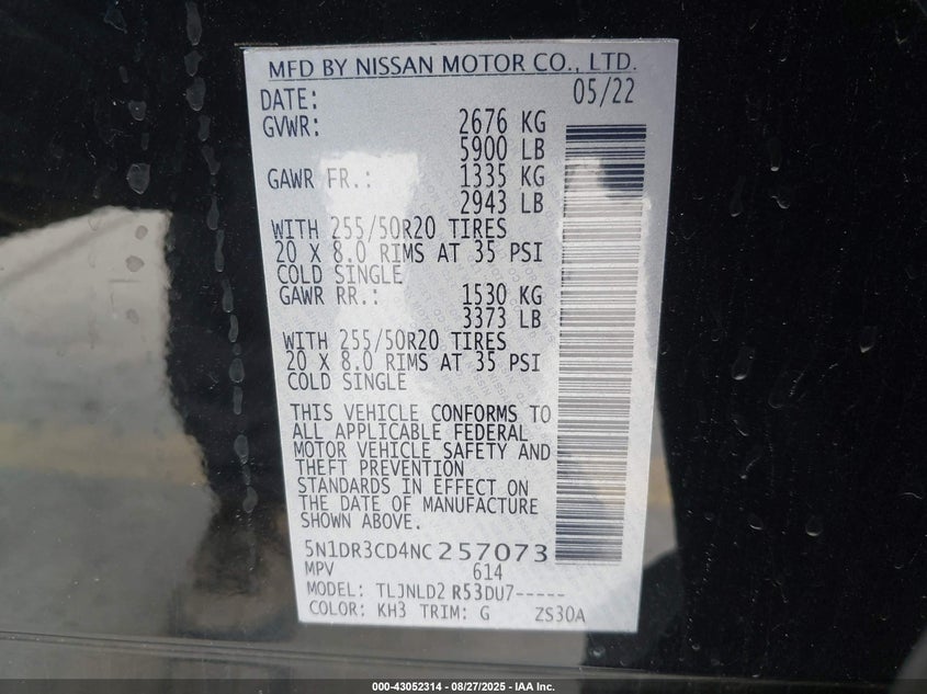 2022 Nissan Pathfinder Sl 4Wd VIN: 5N1DR3CD4NC257073 Lot: 43052314