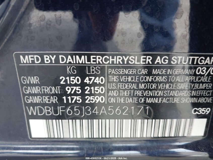 2004 Mercedes-Benz E 320 VIN: WDBUF65J34A562171 Lot: 43052336