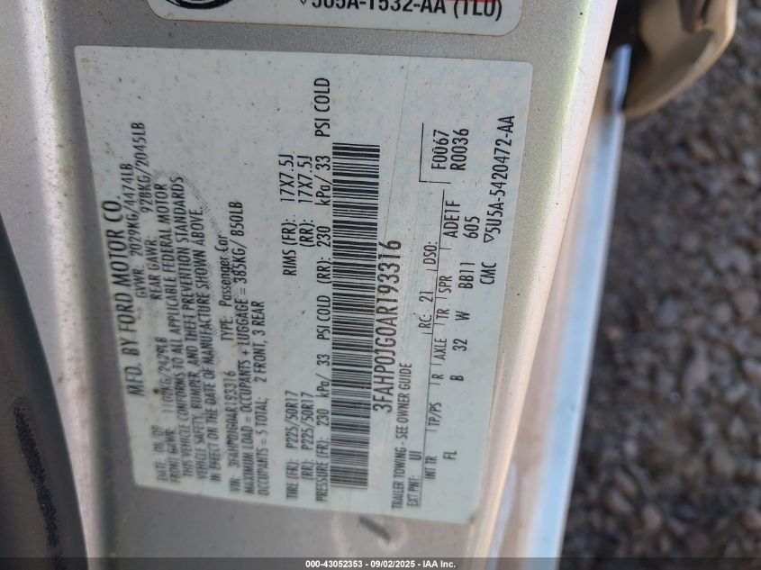 2010 Ford Fusion Sel VIN: 3FAHP0JG0AR193316 Lot: 43052353