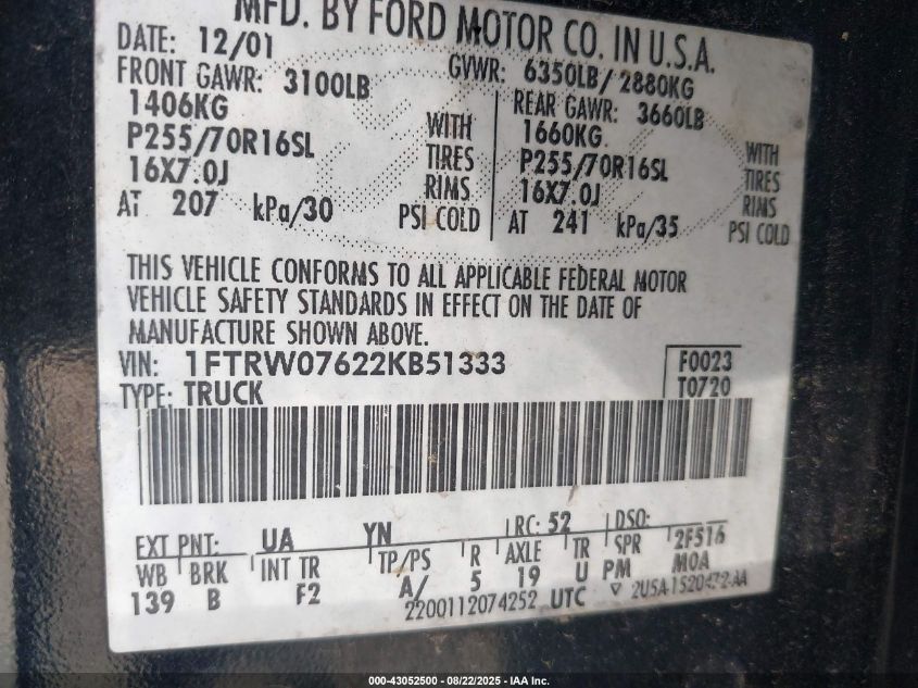 2002 Ford F-150 Lariat/Xlt VIN: 1FTRW07622KB51333 Lot: 43052500