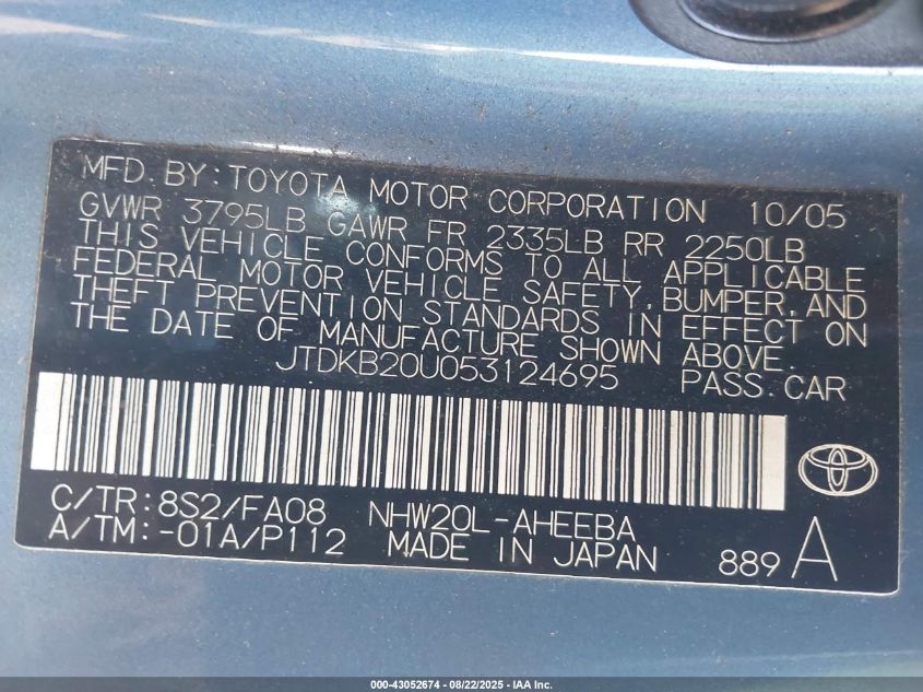 2005 Toyota Prius VIN: JTDKB20U053124695 Lot: 43052674