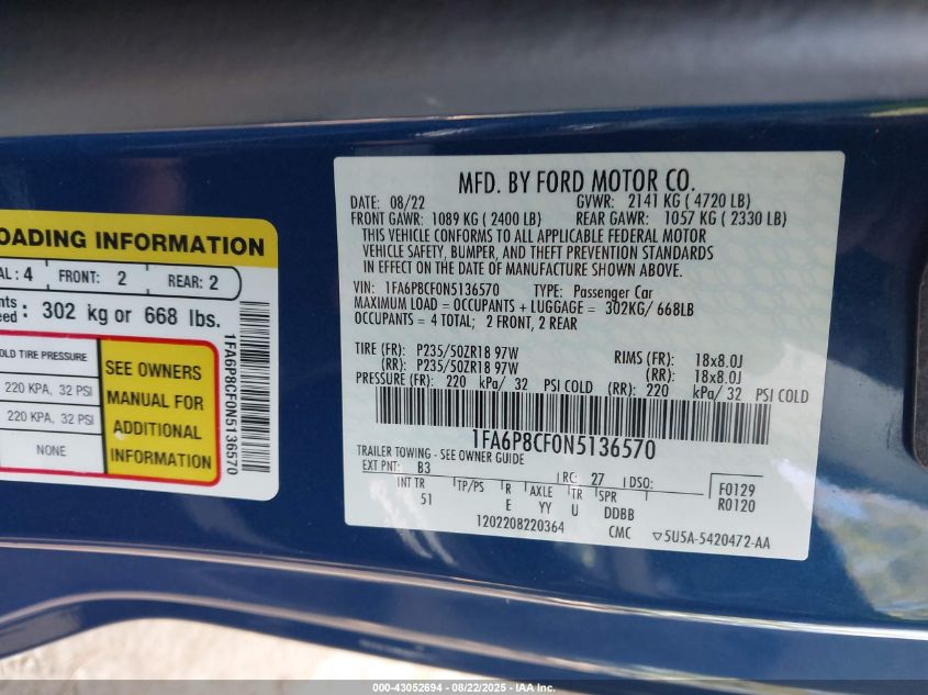 2022 Ford Mustang Gt Premium Fastback VIN: 1FA6P8CF0N5136570 Lot: 43052694