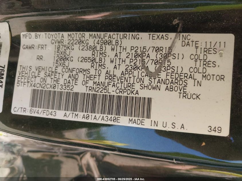 2012 Toyota Tacoma VIN: 5TFTX4CN2CX013352 Lot: 43052705