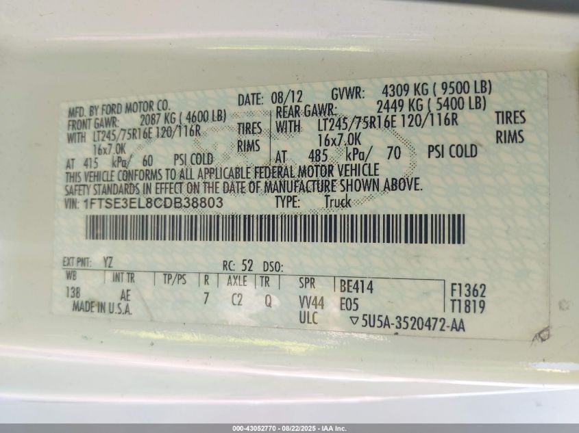 2012 Ford E-350 Super Duty Commercial VIN: 1FTSE3EL8CDB38803 Lot: 43052770