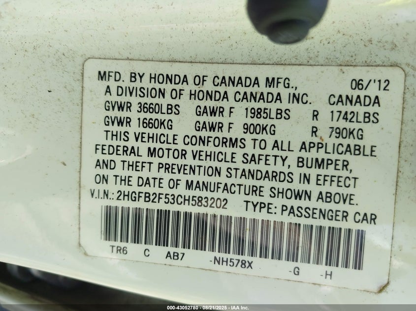 2012 Honda Civic Lx VIN: 2HGFB2F53CH583202 Lot: 43052780