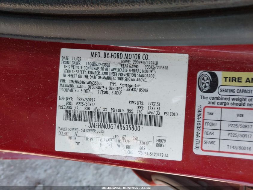 2010 Mercury Milan Premier VIN: 3MEHM0JG1AR635800 Lot: 43052954