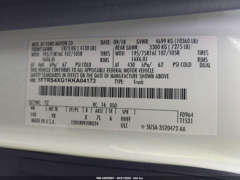 2019 Ford Transit-350 VIN: 1FTRS4XG1KKA04173 Lot: 43052981