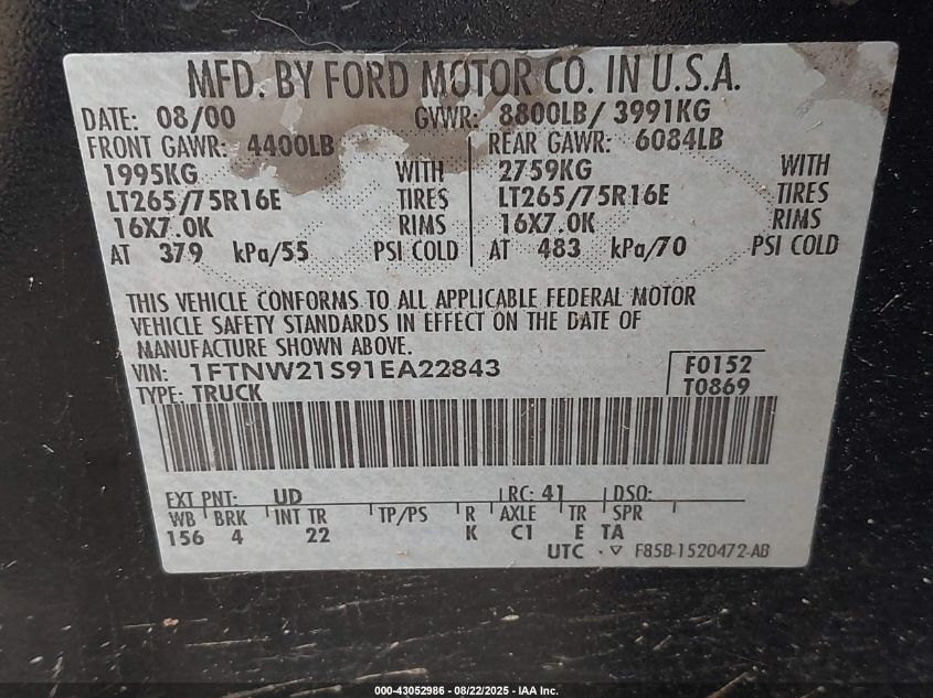 2001 Ford F-250 Lariat/Xl/Xlt VIN: 1FTNW21S91EA22843 Lot: 43052986