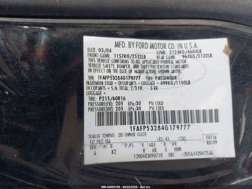 2004 Ford Taurus Se VIN: 1FAFP53284G179777 Lot: 43053159