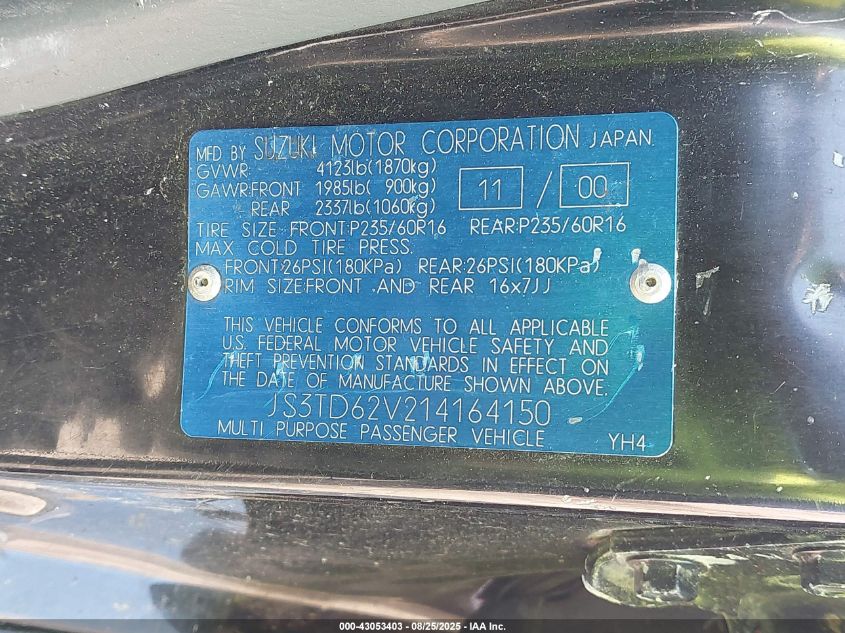 2001 Suzuki Grand Vitara Jlx/Jlx+/Limited VIN: JS3TD62V214164150 Lot: 43053403