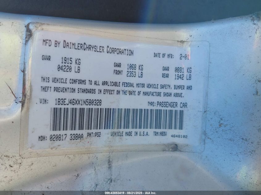 2001 Dodge Stratus Se VIN: 1B3EJ46XX1N580328 Lot: 43053419