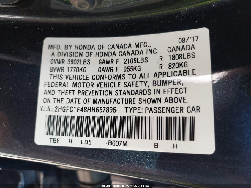 2017 Honda Civic 1.5 Ex-T Black Lot 111043053436 Vin 2HGFC1F48HH657896