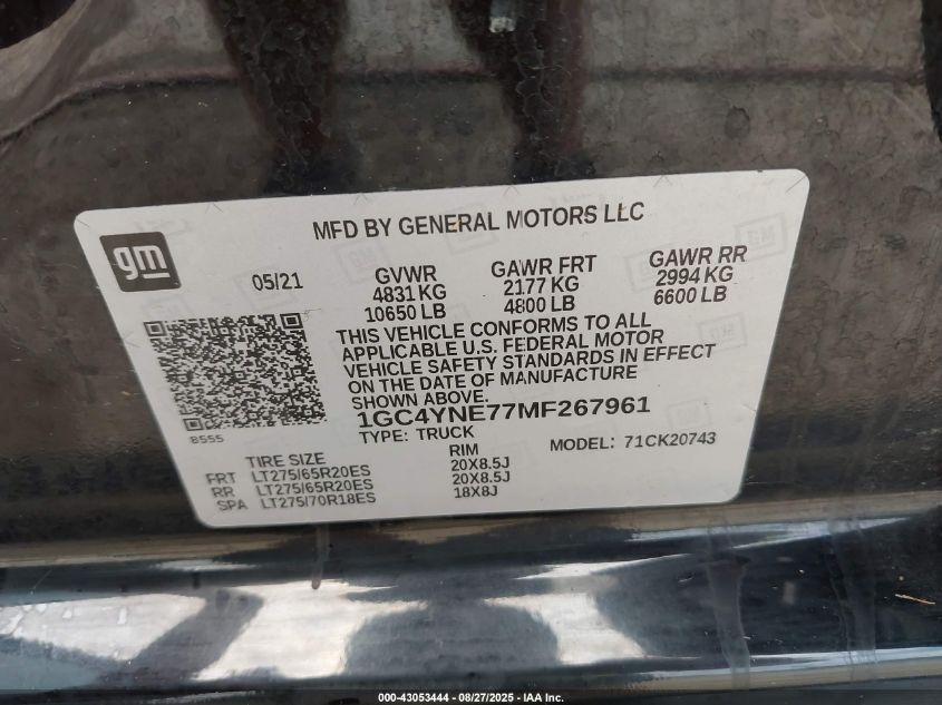 2021 Chevrolet Silverado 2500Hd 4Wd Standard Bed Lt VIN: 1GC4YNE77MF267961 Lot: 43053444