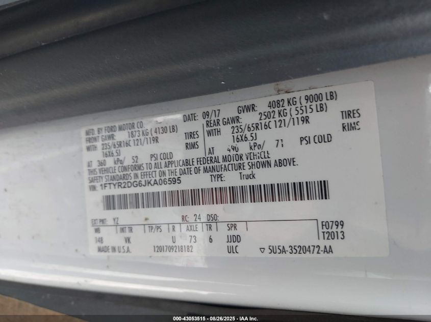 2018 Ford Transit VIN: 1FTYR2DD6JKA06595 Lot: 43053515