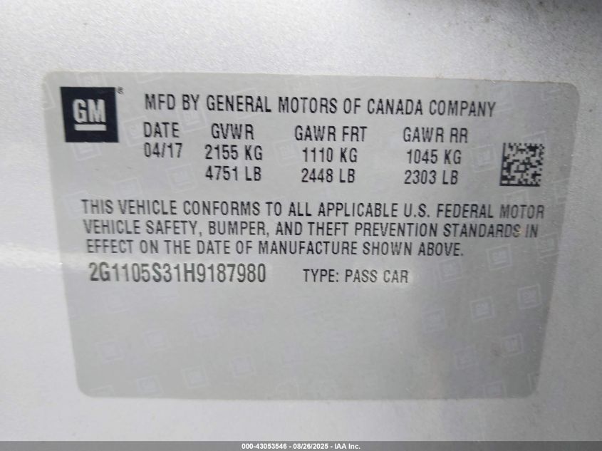 2017 Chevrolet Impala 1Lt VIN: 2G1105S31H9187980 Lot: 43053546