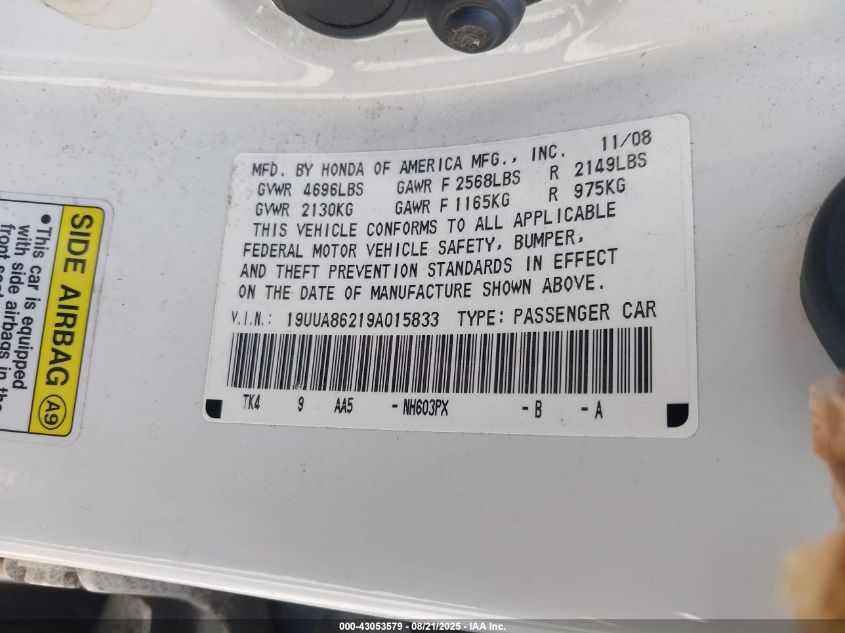 2009 Acura Tl 3.5 VIN: 19UUA86219A015833 Lot: 43053579