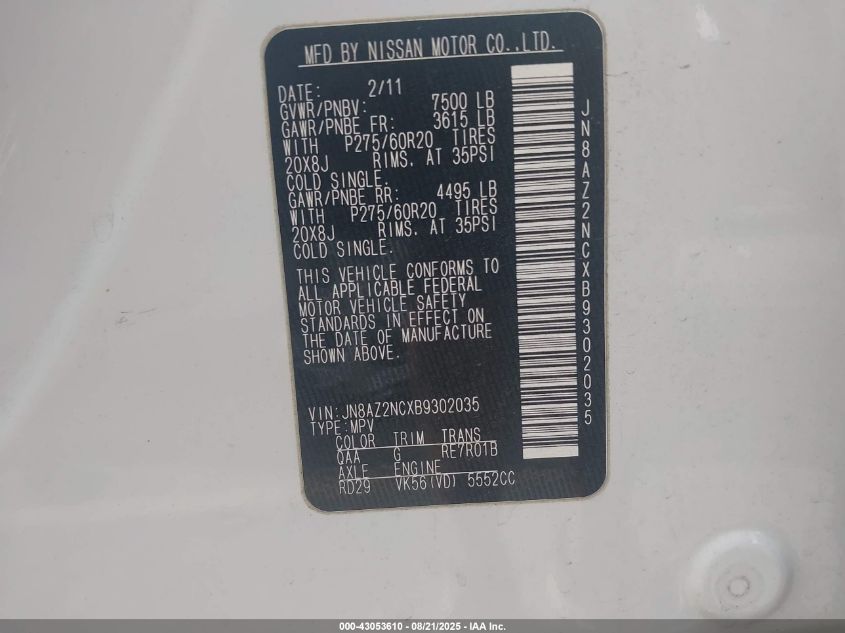 2011 Infiniti Qx56 VIN: JN8AZ2NCXB9302035 Lot: 43053610