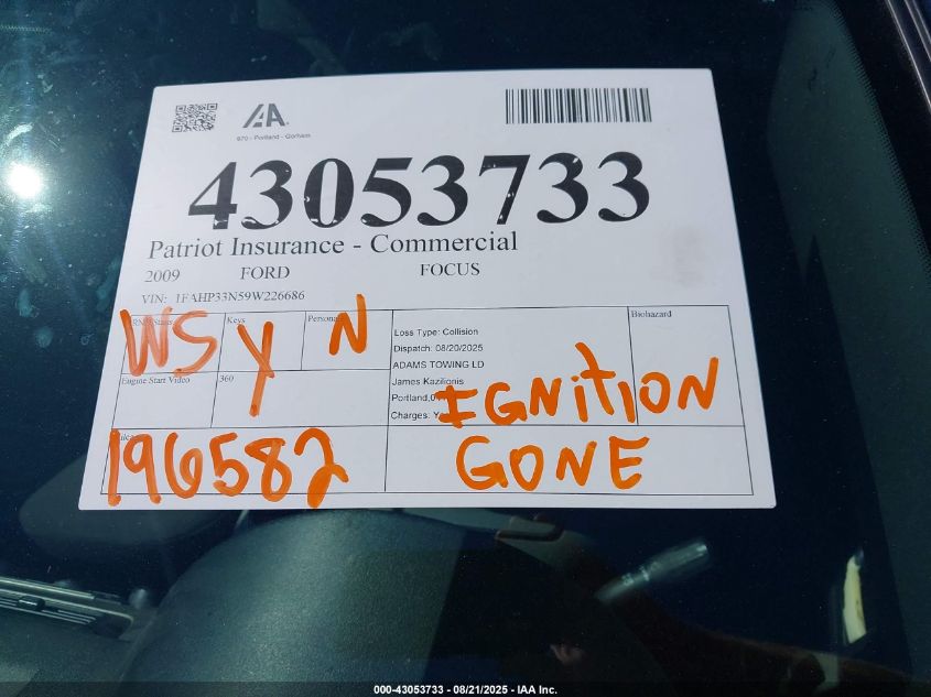 2009 Ford Focus Ses VIN: 1FAHP33N59W226686 Lot: 43053733