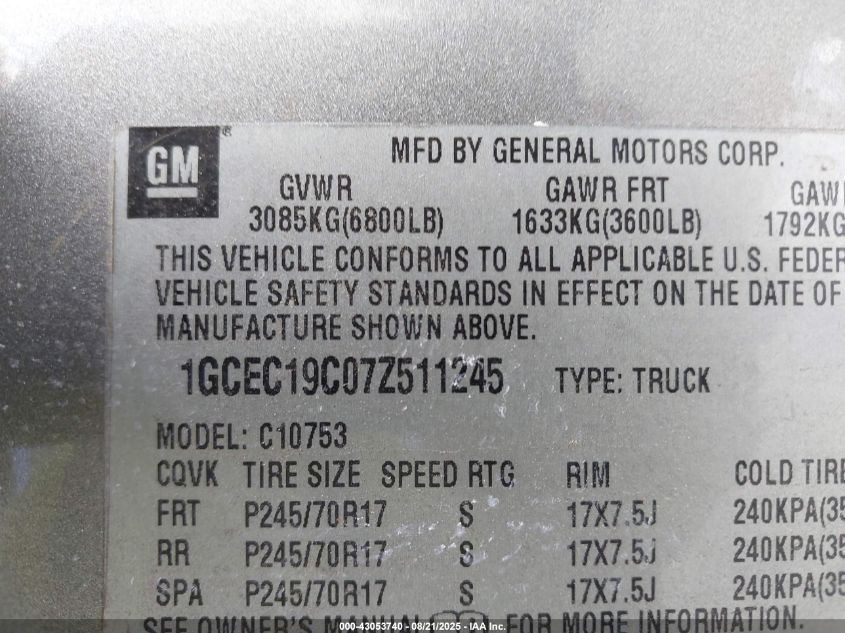 2007 Chevrolet Silverado 1500 Lt1 VIN: 1GCEC19C07Z511245 Lot: 43053740