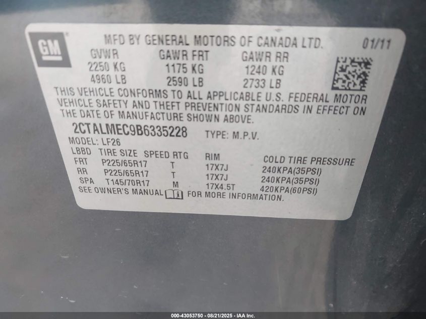 2011 GMC Terrain Sle-1 VIN: 2CTALMEC9B6335228 Lot: 43053750