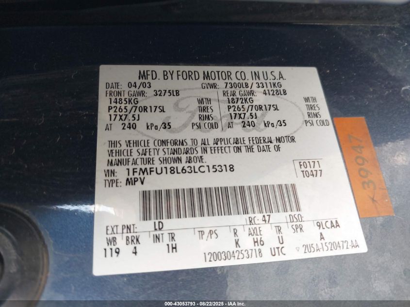 2003 Ford Expedition Eddie Bauer VIN: 1FMFU18L63LC15318 Lot: 43053793