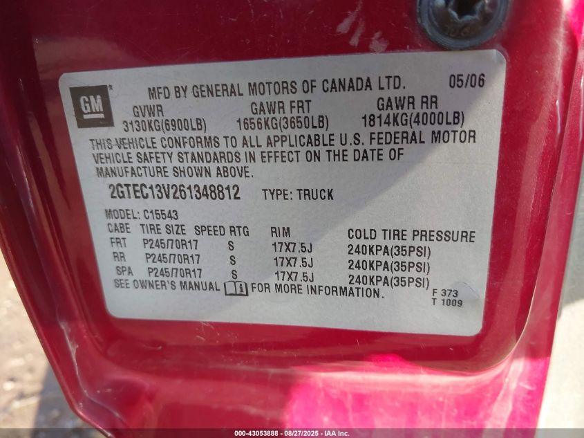 2006 GMC Sierra 1500 Sl VIN: 2GTEC13V261348812 Lot: 43053888